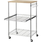 Brown Steel & Oak Kitchen Cart with Wheels, Slider Shelf & Hooks