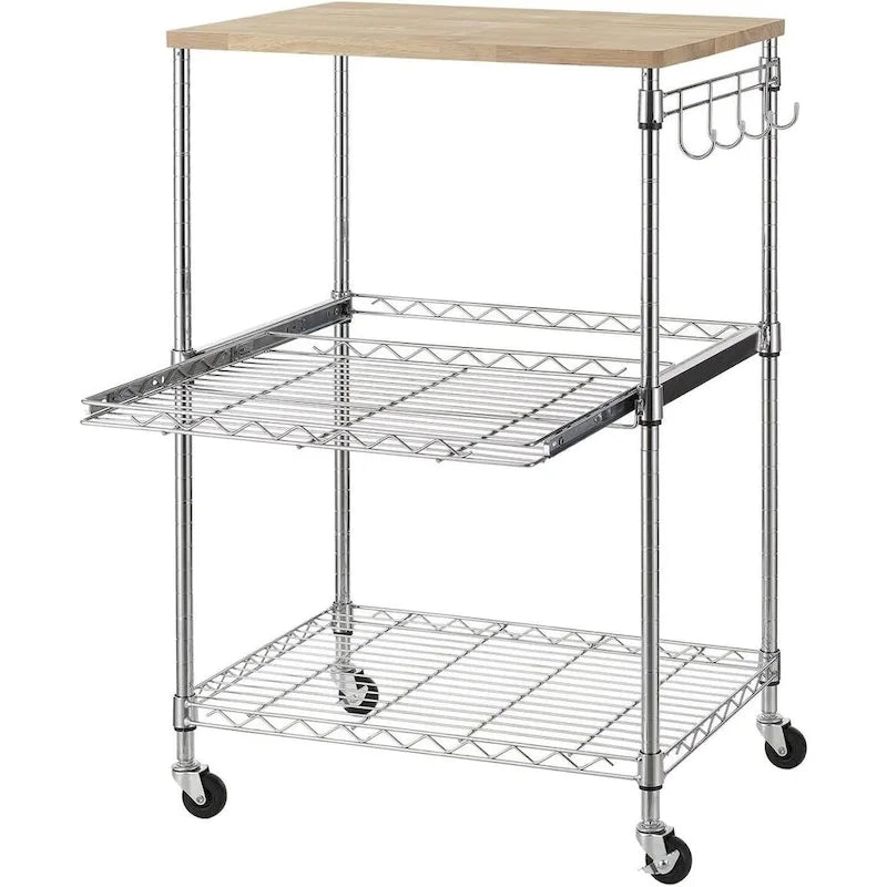 Brown Steel & Oak Kitchen Cart with Wheels, Slider Shelf & Hooks