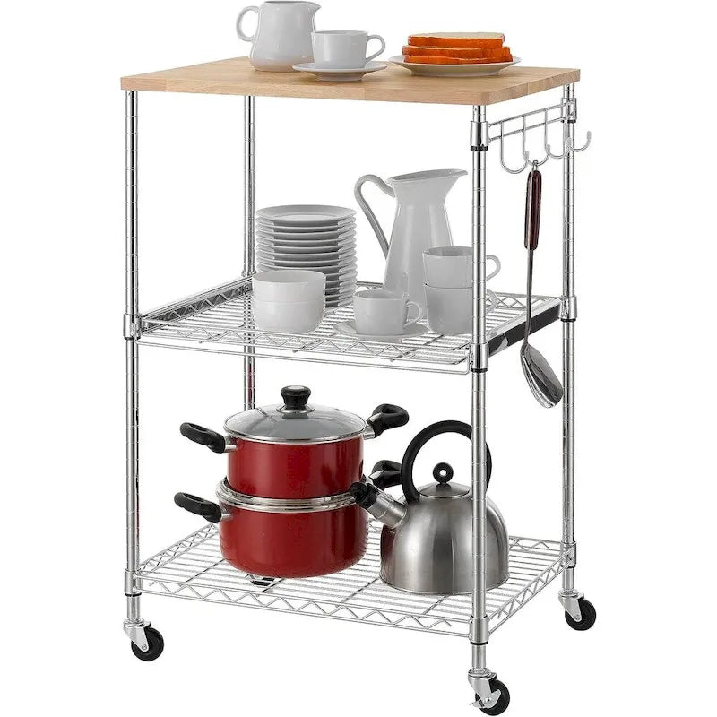 Brown Steel & Oak Kitchen Cart with Wheels, Slider Shelf & Hooks