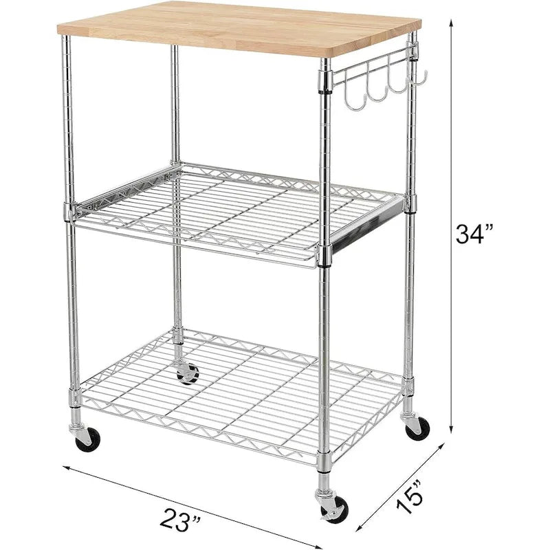 Brown Steel & Oak Kitchen Cart with Wheels, Slider Shelf & Hooks