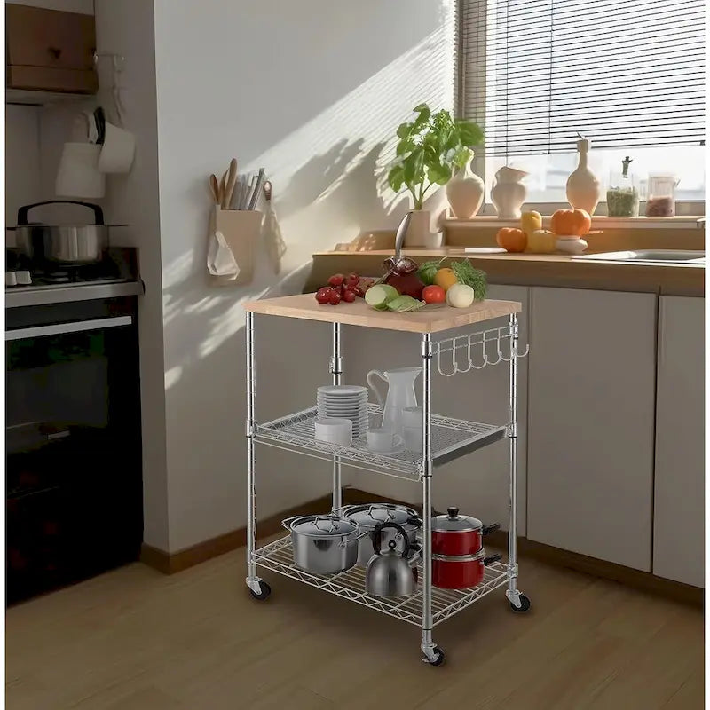 Brown Steel & Oak Kitchen Cart with Wheels, Slider Shelf & Hooks