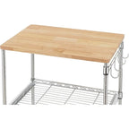 Brown Steel & Oak Kitchen Cart with Wheels, Slider Shelf & Hooks