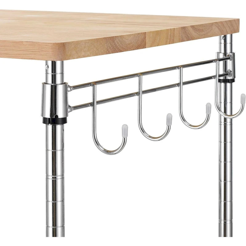 Brown Steel & Oak Kitchen Cart with Wheels, Slider Shelf & Hooks