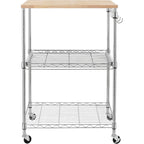 Brown Steel & Oak Kitchen Cart with Wheels, Slider Shelf & Hooks
