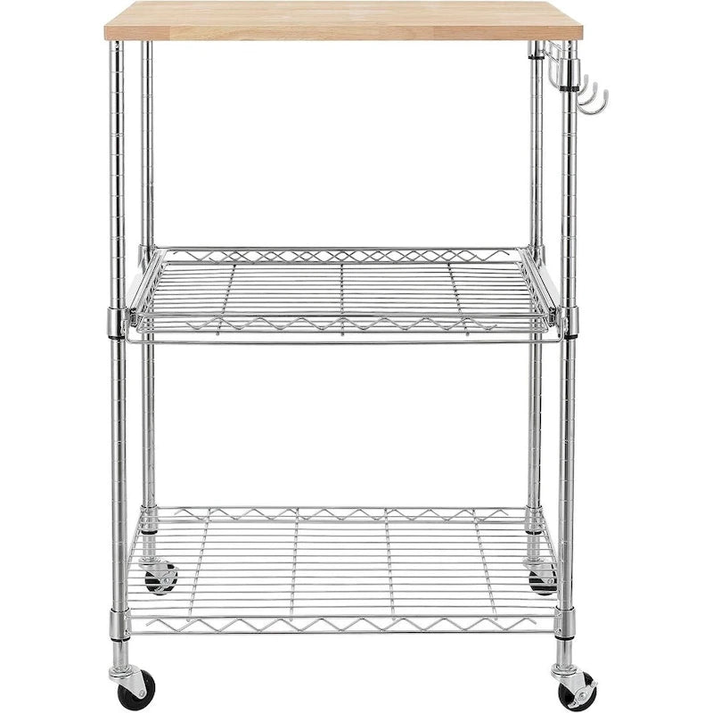 Brown Steel & Oak Kitchen Cart with Wheels, Slider Shelf & Hooks