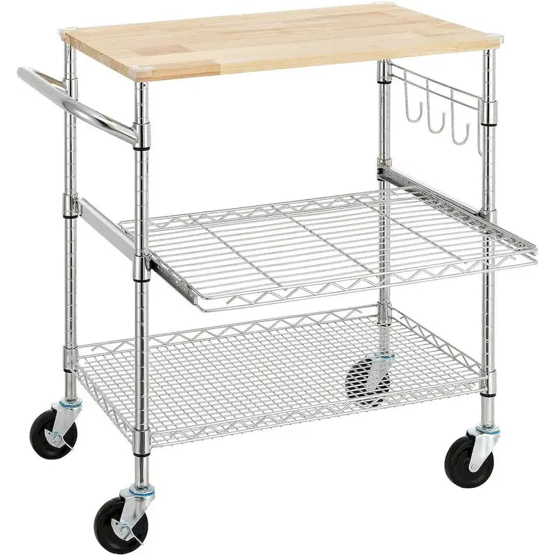 Brown Steel & Oak Kitchen Cart with Wheels, Slider Shelf & Hooks