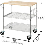 Brown Steel & Oak Kitchen Cart with Wheels, Slider Shelf & Hooks