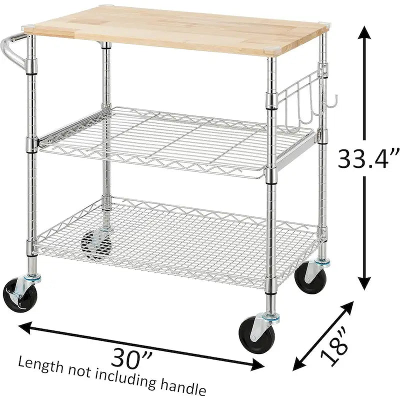 Brown Steel & Oak Kitchen Cart with Wheels, Slider Shelf & Hooks