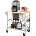 Brown Steel & Oak Kitchen Cart with Wheels, Slider Shelf & Hooks