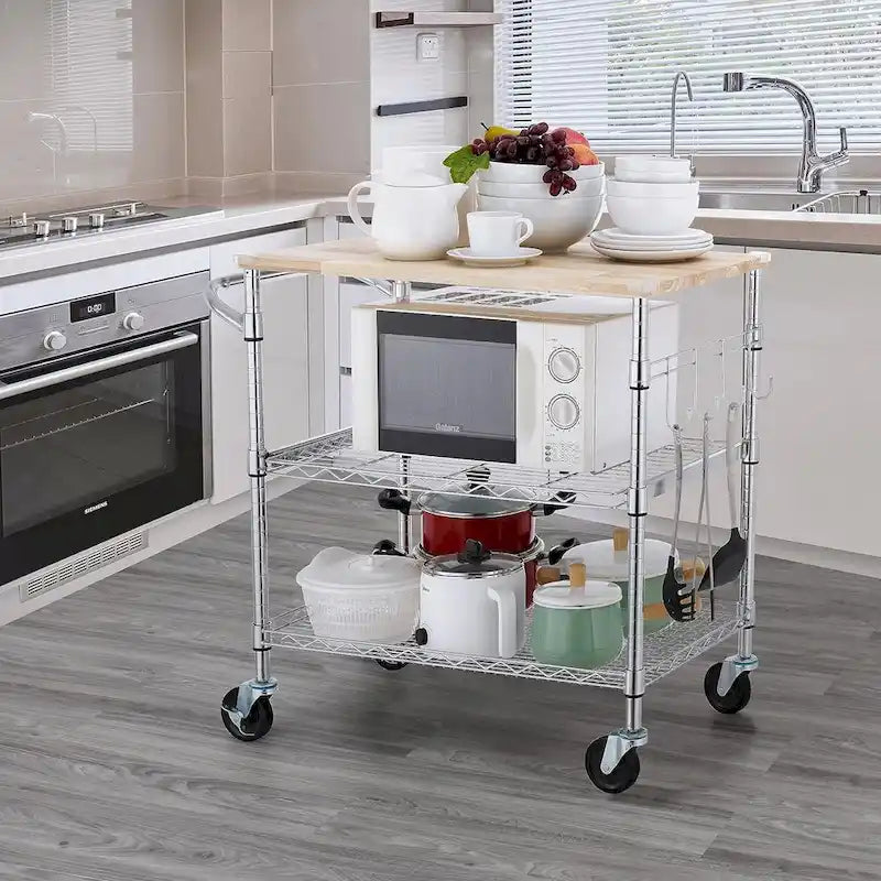 Brown Steel & Oak Kitchen Cart with Wheels, Slider Shelf & Hooks