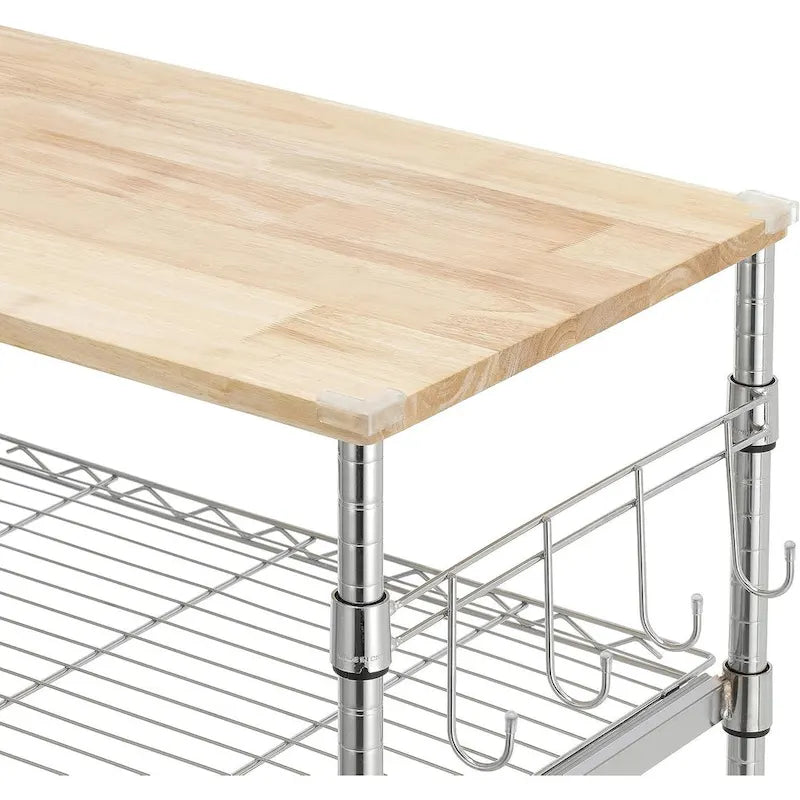 Brown Steel & Oak Kitchen Cart with Wheels, Slider Shelf & Hooks