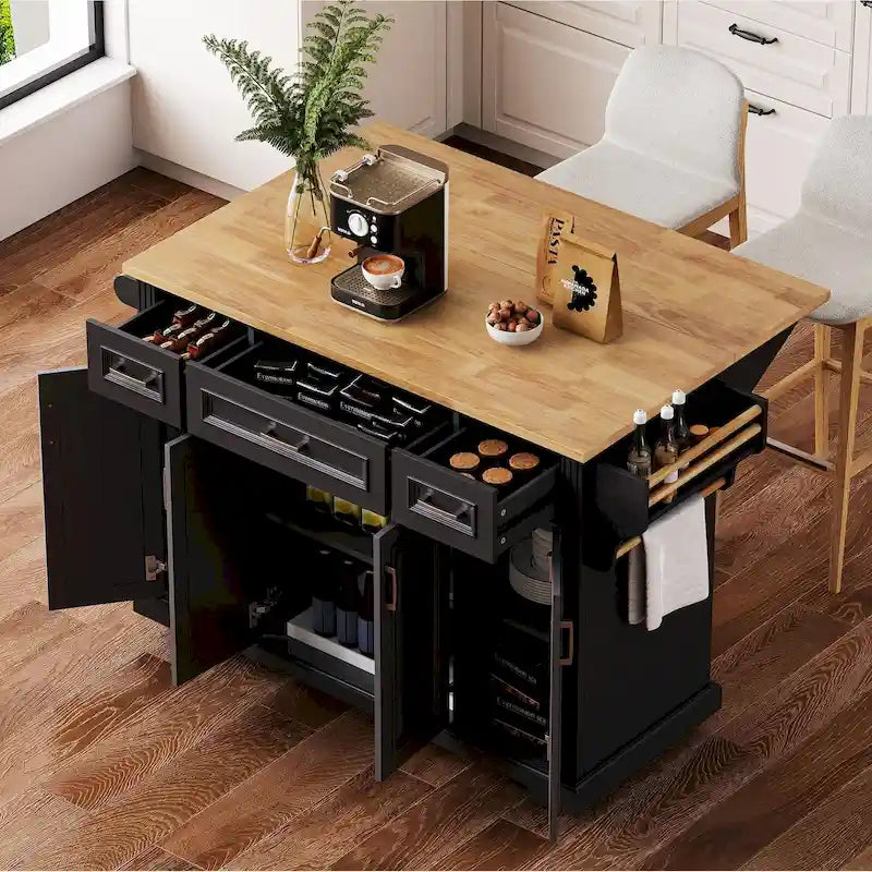 White / Black / Grey+Blue Rolling Kitchen Island with Drop Leaf | Rustic Style