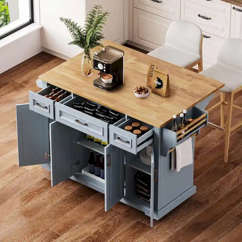 White / Black / Grey+Blue Rolling Kitchen Island with Drop Leaf | Rustic Style