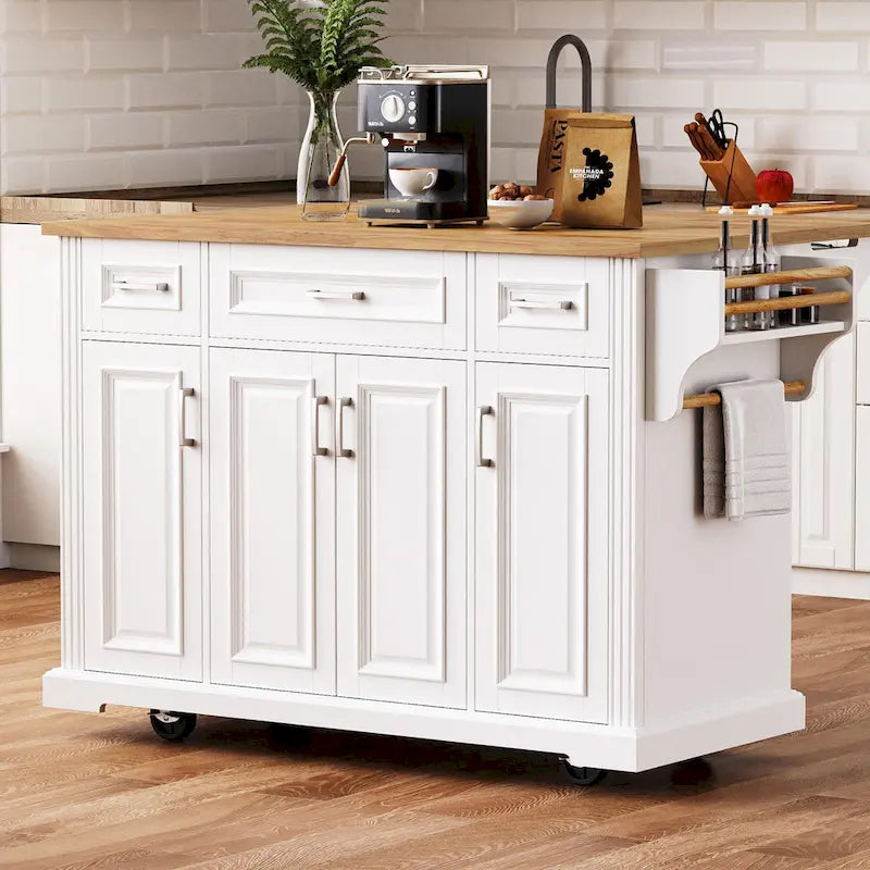 White / Black / Grey+Blue Rolling Kitchen Island with Drop Leaf | Rustic Style