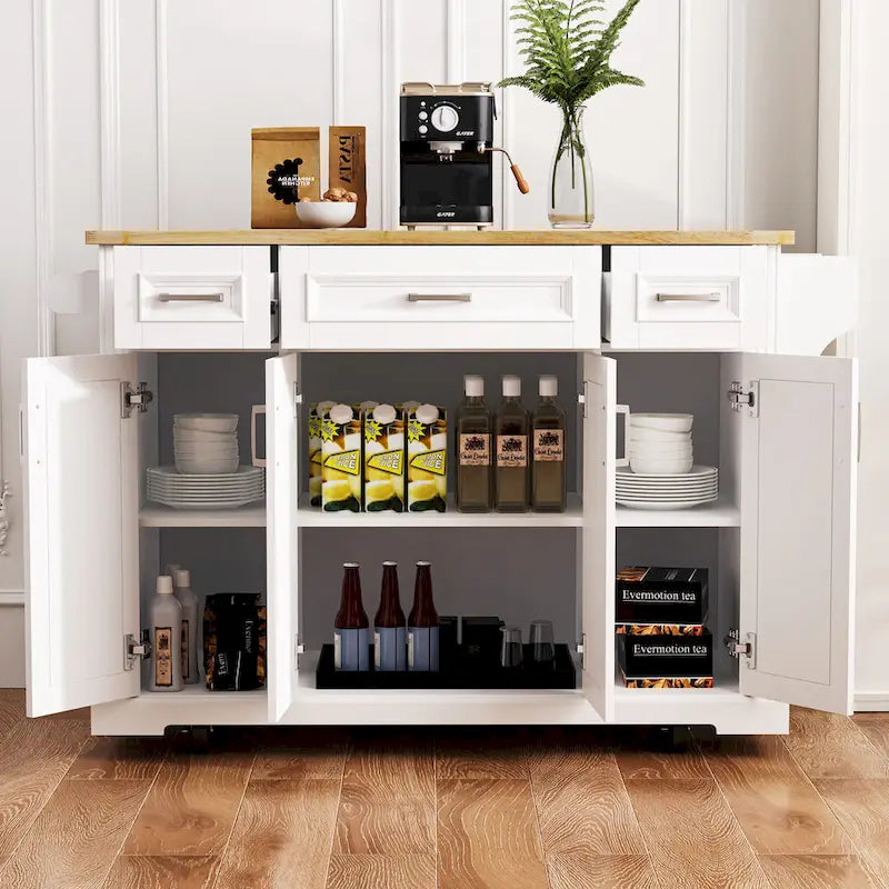 White / Black / Grey+Blue Rolling Kitchen Island with Drop Leaf | Rustic Style
