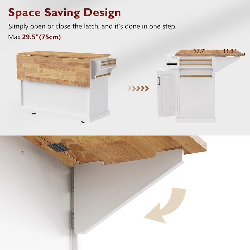 White / Black / Grey+Blue Rolling Kitchen Island with Drop Leaf | Rustic Style