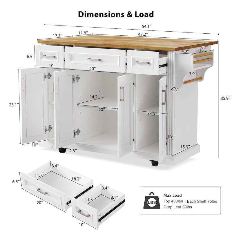 White / Black / Grey+Blue Rolling Kitchen Island with Drop Leaf | Rustic Style