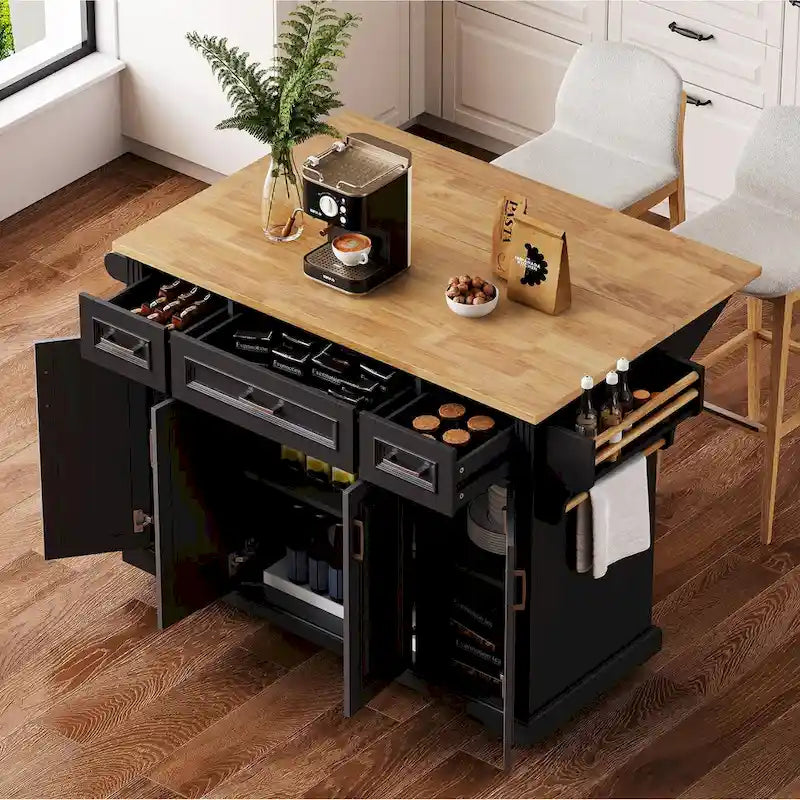 White / Black / Grey+Blue Rolling Kitchen Island with Drop Leaf | Rustic Style