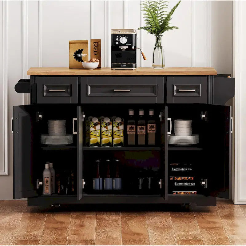 White / Black / Grey+Blue Rolling Kitchen Island with Drop Leaf | Rustic Style