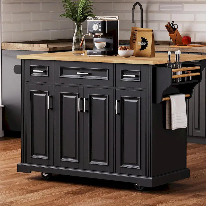 White / Black / Grey+Blue Rolling Kitchen Island with Drop Leaf | Rustic Style