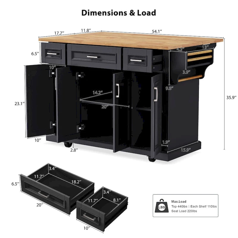 White / Black / Grey+Blue Rolling Kitchen Island with Drop Leaf | Rustic Style