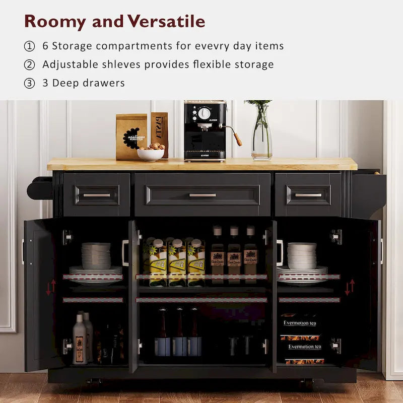 White / Black / Grey+Blue Rolling Kitchen Island with Drop Leaf | Rustic Style