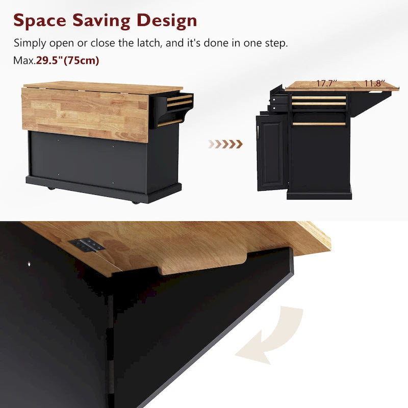 White / Black / Grey+Blue Rolling Kitchen Island with Drop Leaf | Rustic Style
