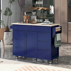 Blue / White / Black Rolling Kitchen Island with Rubber Wood Top, 8 Handle-Free Drawers, 2-Door Cabinet