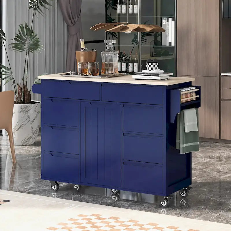 Blue / White / Black Rolling Kitchen Island with Rubber Wood Top, 8 Handle-Free Drawers, 2-Door Cabinet
