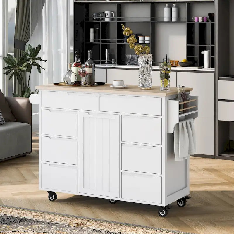 Blue / White / Black Rolling Kitchen Island with Rubber Wood Top, 8 Handle-Free Drawers, 2-Door Cabinet