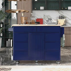 Blue / White / Black Rolling Kitchen Island with Rubber Wood Top, 8 Handle-Free Drawers, 2-Door Cabinet