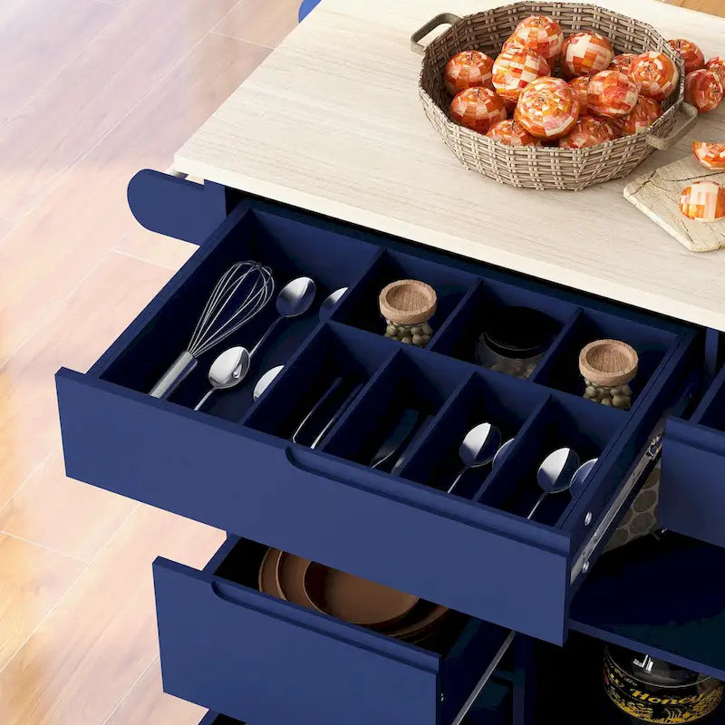 Blue / White / Black Rolling Kitchen Island with Rubber Wood Top, 8 Handle-Free Drawers, 2-Door Cabinet