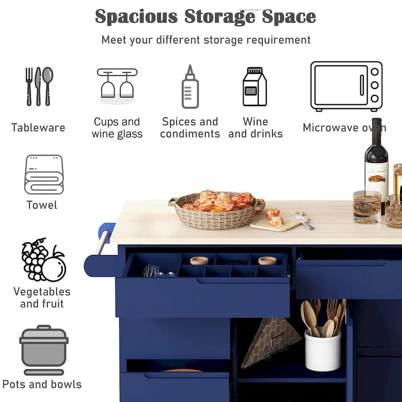 Blue / White / Black Rolling Kitchen Island with Rubber Wood Top, 8 Handle-Free Drawers, 2-Door Cabinet