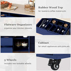 Blue / White / Black Rolling Kitchen Island with Rubber Wood Top, 8 Handle-Free Drawers, 2-Door Cabinet