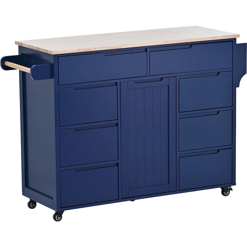 Blue / White / Black Rolling Kitchen Island with Rubber Wood Top, 8 Handle-Free Drawers, 2-Door Cabinet