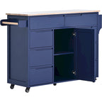 Blue / White / Black Rolling Kitchen Island with Rubber Wood Top, 8 Handle-Free Drawers, 2-Door Cabinet