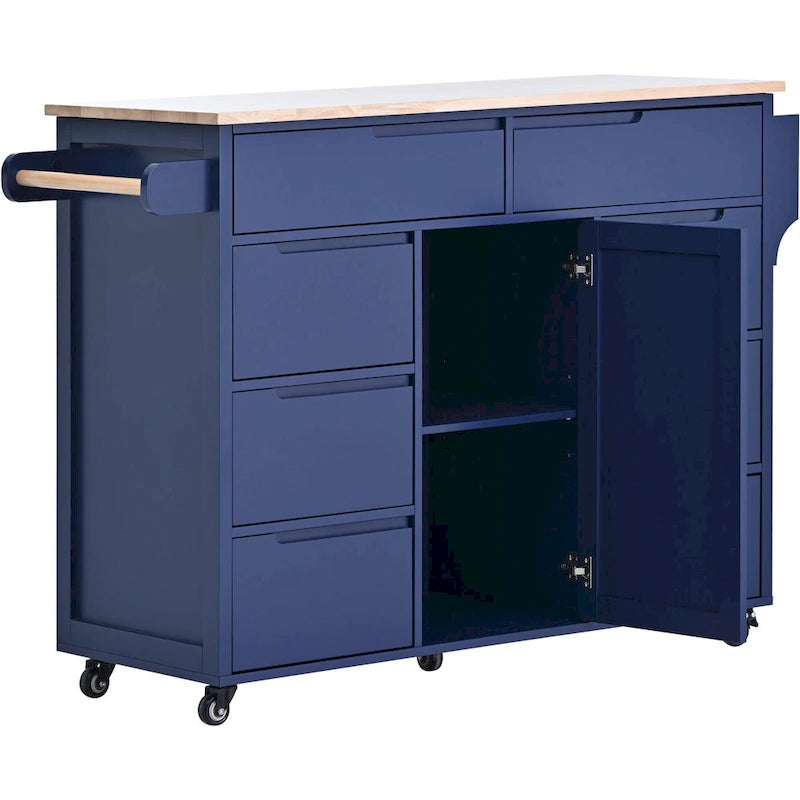 Blue / White / Black Rolling Kitchen Island with Rubber Wood Top, 8 Handle-Free Drawers, 2-Door Cabinet