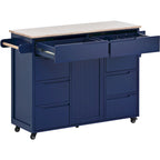 Blue / White / Black Rolling Kitchen Island with Rubber Wood Top, 8 Handle-Free Drawers, 2-Door Cabinet