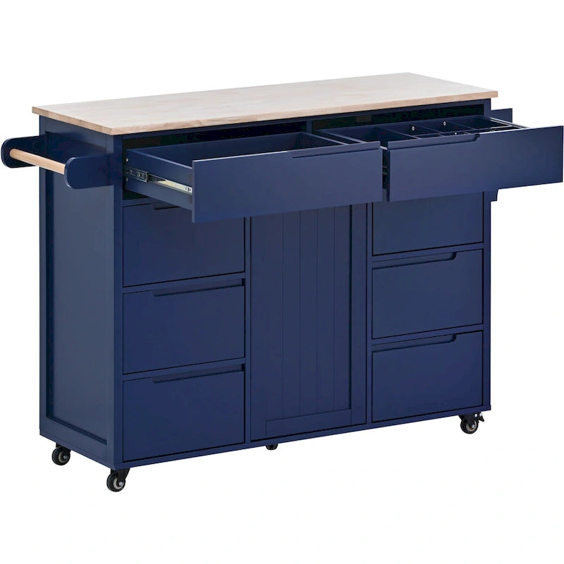 Blue / White / Black Rolling Kitchen Island with Rubber Wood Top, 8 Handle-Free Drawers, 2-Door Cabinet