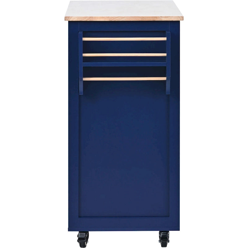 Blue / White / Black Rolling Kitchen Island with Rubber Wood Top, 8 Handle-Free Drawers, 2-Door Cabinet