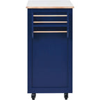 Blue / White / Black Rolling Kitchen Island with Rubber Wood Top, 8 Handle-Free Drawers, 2-Door Cabinet