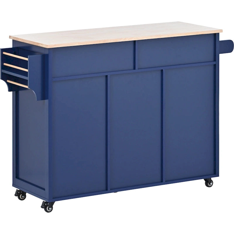 Blue / White / Black Rolling Kitchen Island with Rubber Wood Top, 8 Handle-Free Drawers, 2-Door Cabinet