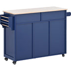 Blue / White / Black Rolling Kitchen Island with Rubber Wood Top, 8 Handle-Free Drawers, 2-Door Cabinet