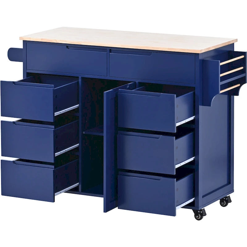 Blue / White / Black Rolling Kitchen Island with Rubber Wood Top, 8 Handle-Free Drawers, 2-Door Cabinet