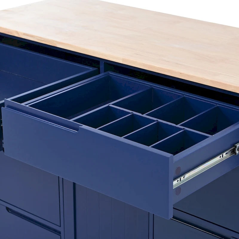 Blue / White / Black Rolling Kitchen Island with Rubber Wood Top, 8 Handle-Free Drawers, 2-Door Cabinet