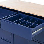Blue / White / Black Rolling Kitchen Island with Rubber Wood Top, 8 Handle-Free Drawers, 2-Door Cabinet