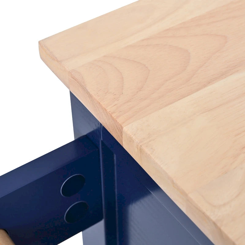 Blue / White / Black Rolling Kitchen Island with Rubber Wood Top, 8 Handle-Free Drawers, 2-Door Cabinet