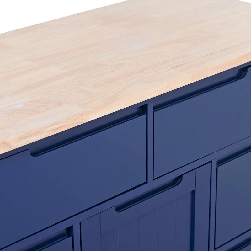 Blue / White / Black Rolling Kitchen Island with Rubber Wood Top, 8 Handle-Free Drawers, 2-Door Cabinet