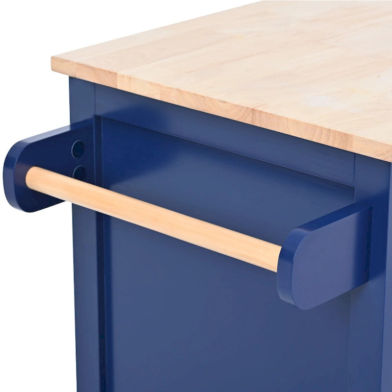 Blue / White / Black Rolling Kitchen Island with Rubber Wood Top, 8 Handle-Free Drawers, 2-Door Cabinet