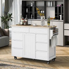 Blue / White / Black Rolling Kitchen Island with Rubber Wood Top, 8 Handle-Free Drawers, 2-Door Cabinet